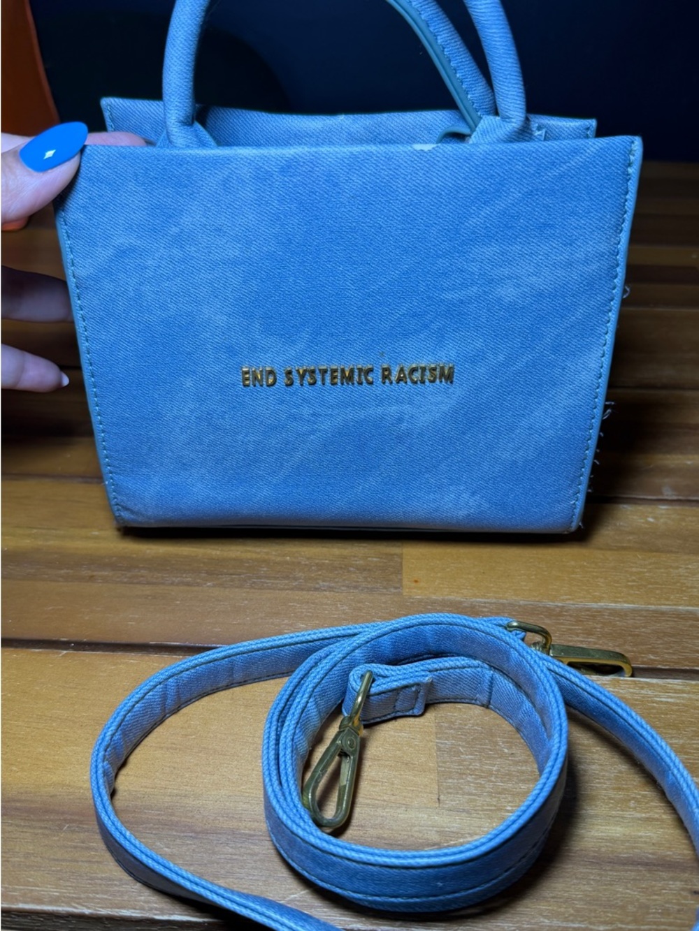 Brandon Blackwood End Systemic Racism Blue Mini Tote Bag with Detachable Strap - Picture 2 of 7